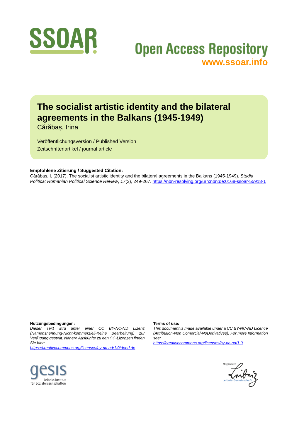 The Socialist Artistic Identity and the Bilateral Agreements in the Balkans (1945-1949) Cărăbaș, Irina