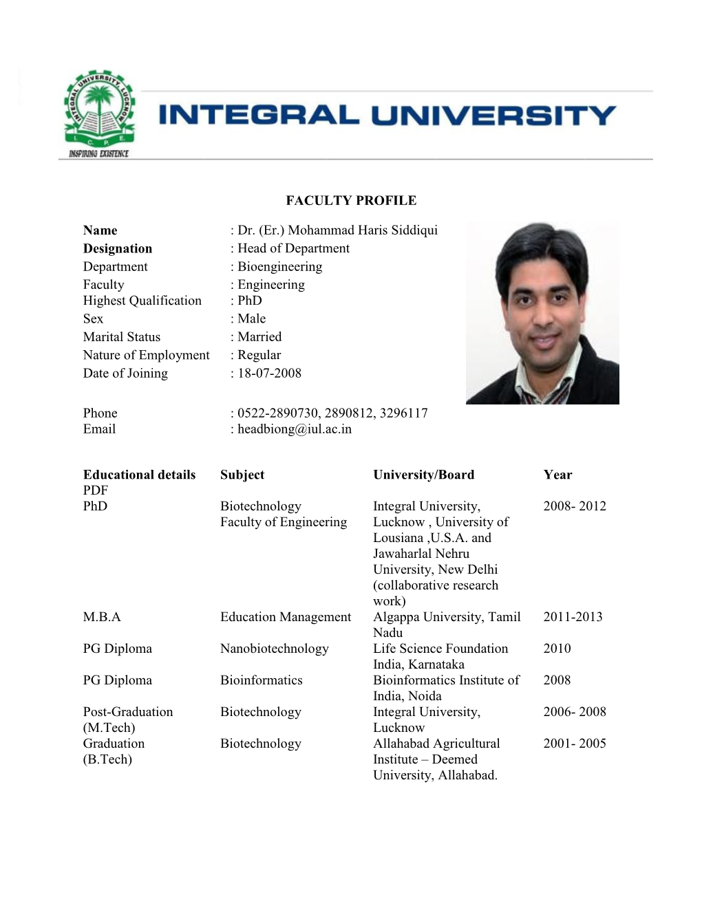 Dr. (Er.) Mohammad Haris Siddiqui Designation