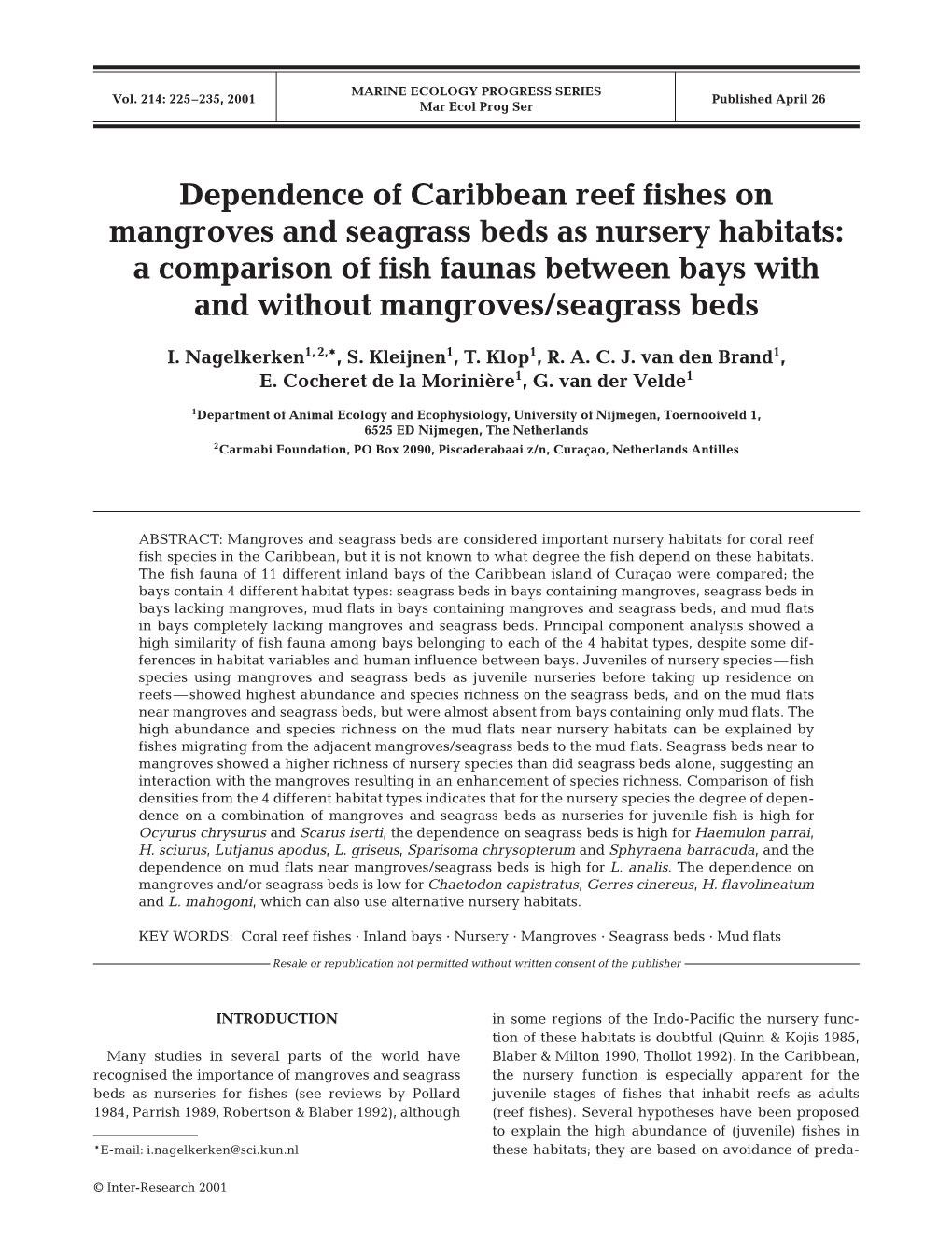 Dependence of Caribbean Reef Fishes on Mangroves and Seagrass Beds