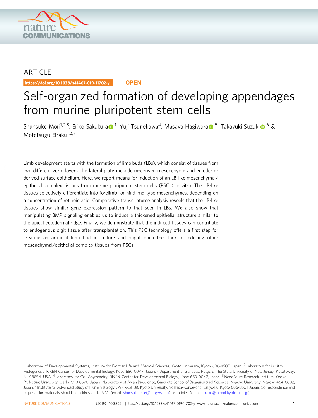 Self-Organized Formation of Developing Appendages from Murine Pluripotent Stem Cells