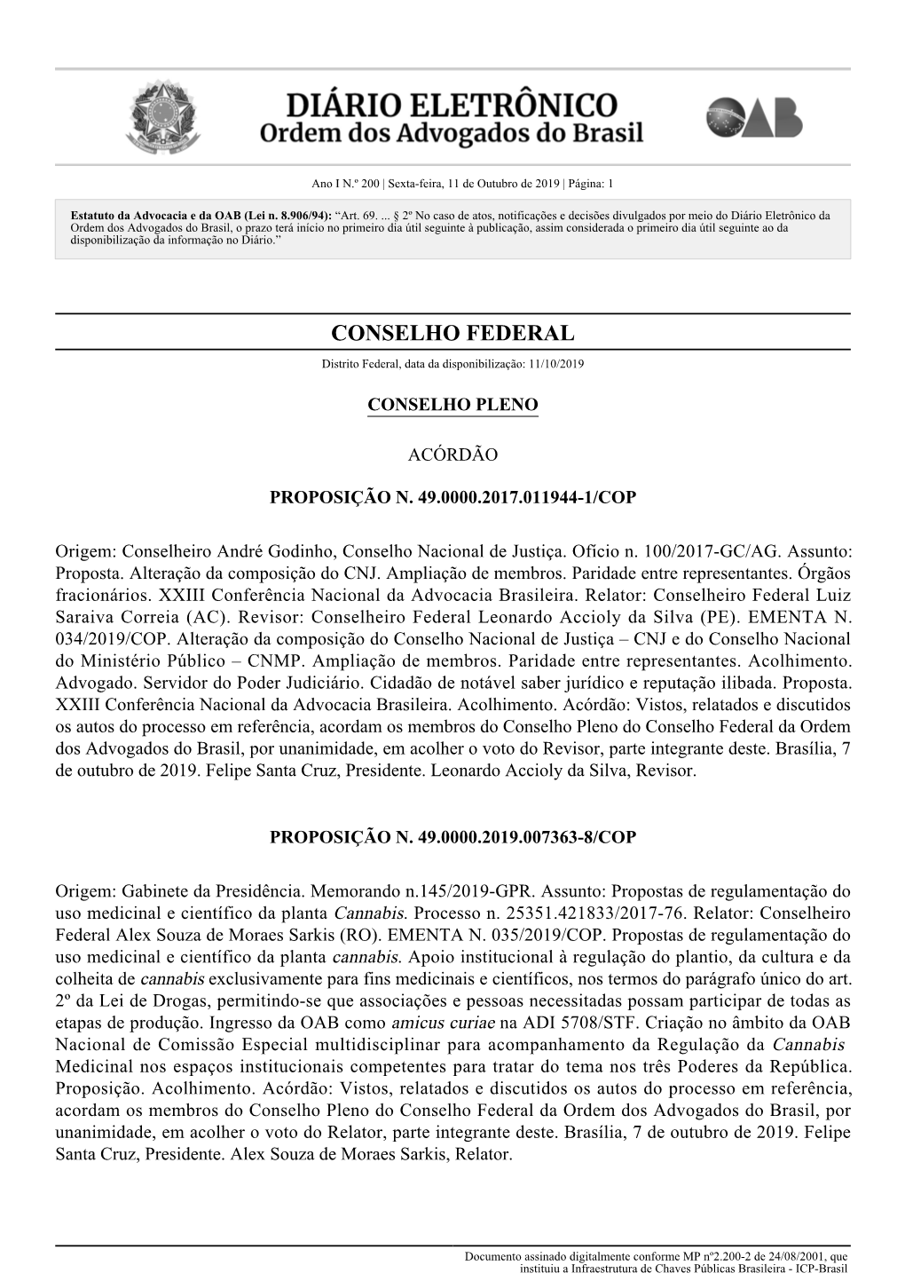 Provimento Nº 193, De 2019, Do Conselho Federal Da OAB