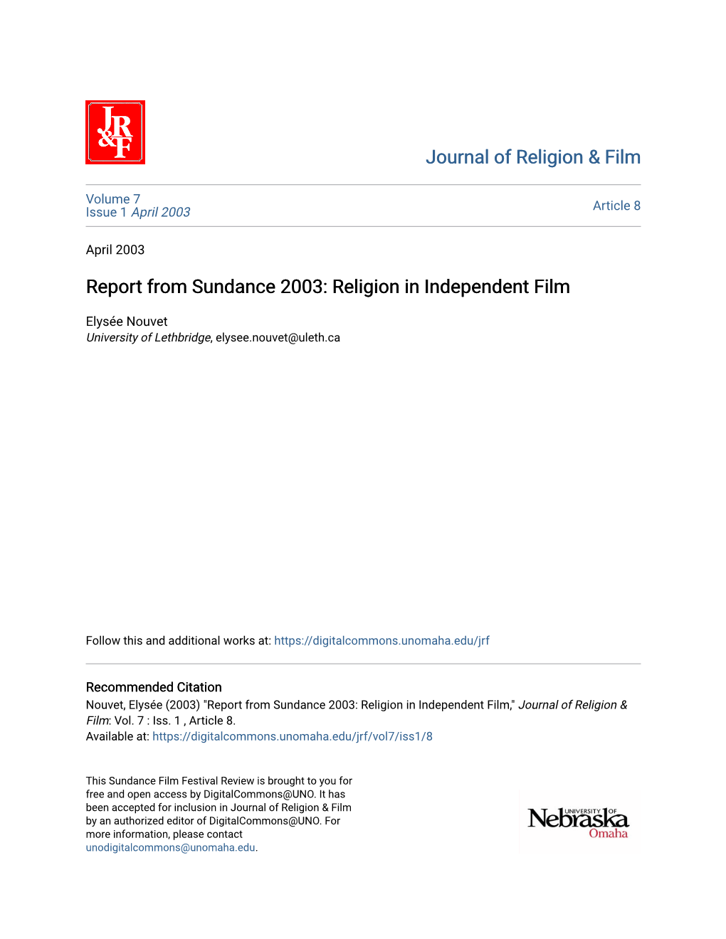 Report from Sundance 2003: Religion in Independent Film