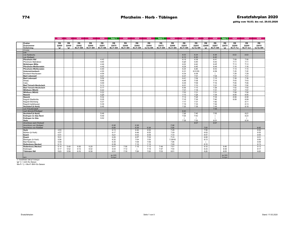 774 Tã¼bingen-Horb-Pforzheim 2020 Corona Gã¼ltig Bis 29.03