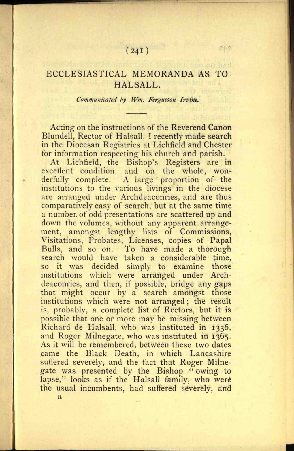 ECCLESIASTICAL MEMORANDA AS to HALSALL. Communicated by Wm