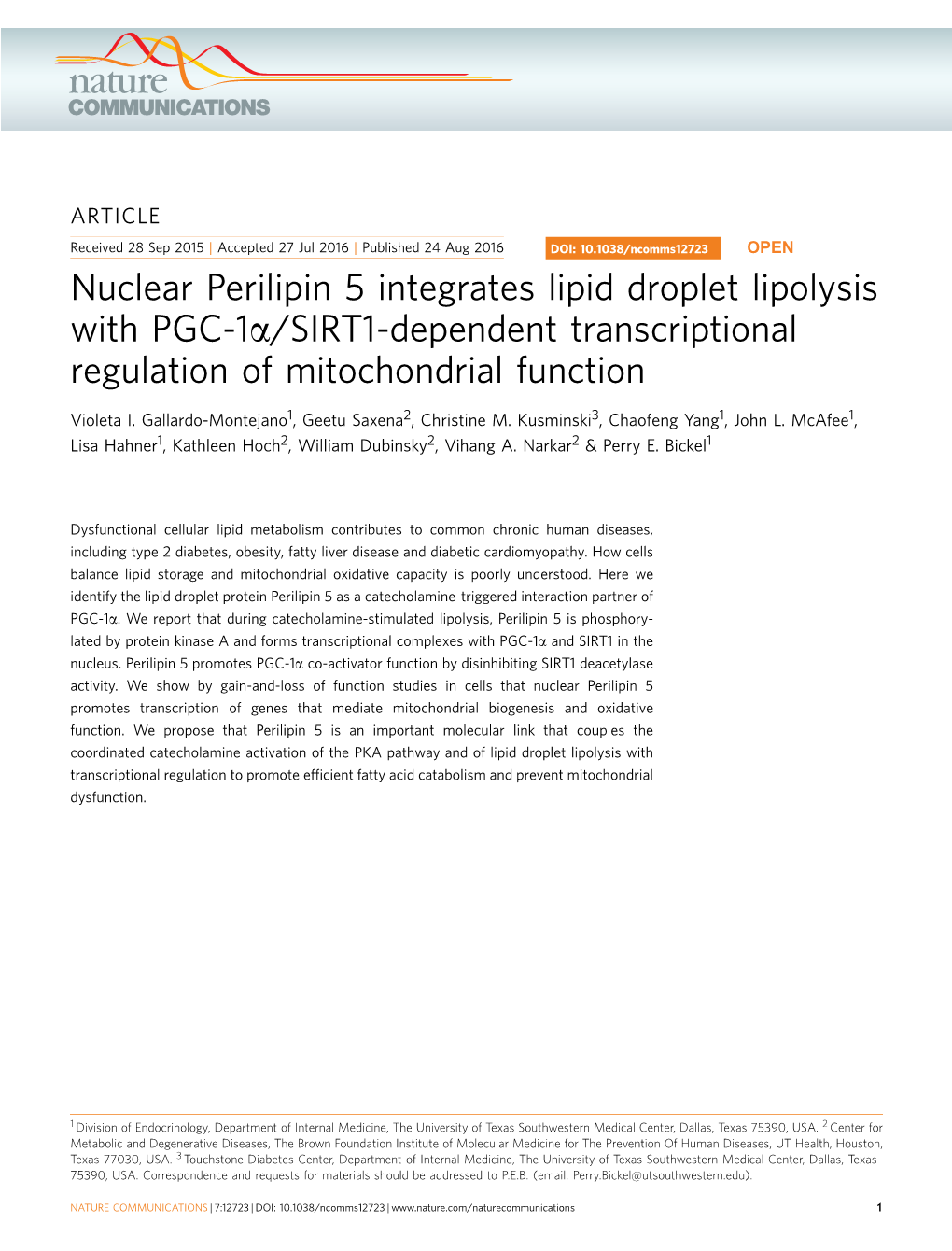 Nuclear Perilipin 5 Integrates Lipid Droplet Lipolysis with PGC-1&Alpha