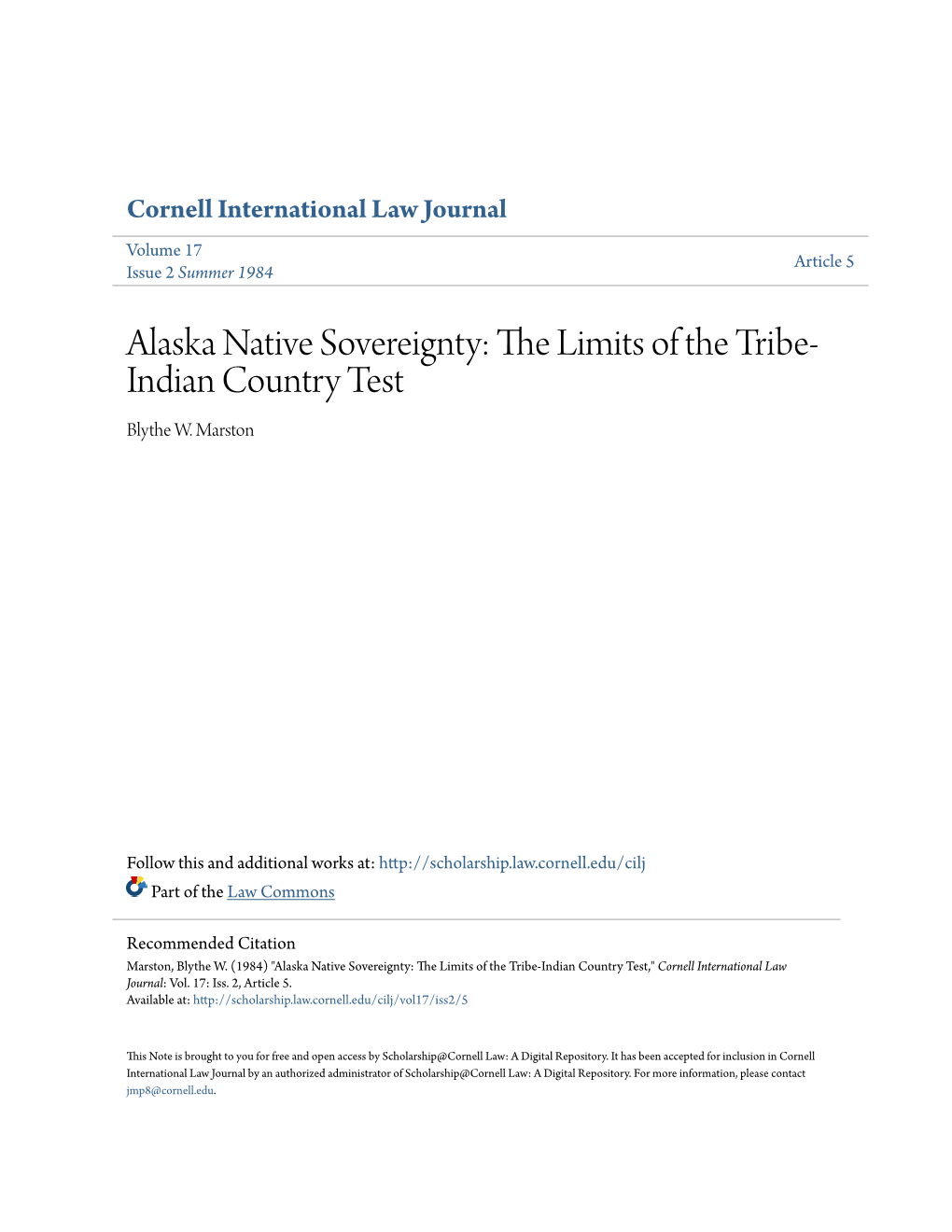 Alaska Native Sovereignty: the Limits of the Tribe- Indian Country Test Blythe W