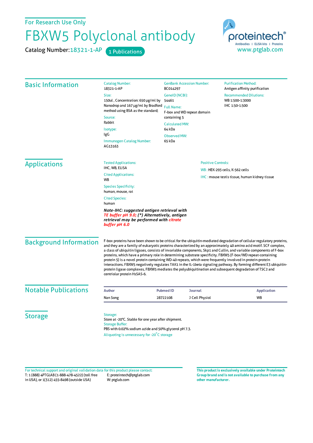 FBXW5 Polyclonal Antibody Catalog Number:18321-1-AP 1 Publications