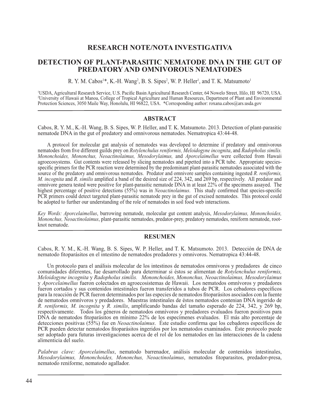 Research Note/Nota Investigativa Detection of Plant-Parasitic Nematode Dna in the Gut of Predatory and Omnivorous Nematodes R