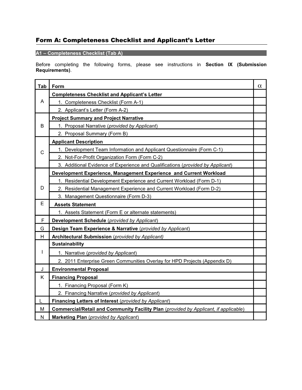 Form A: Completeness Checklist and Applicant S Letter