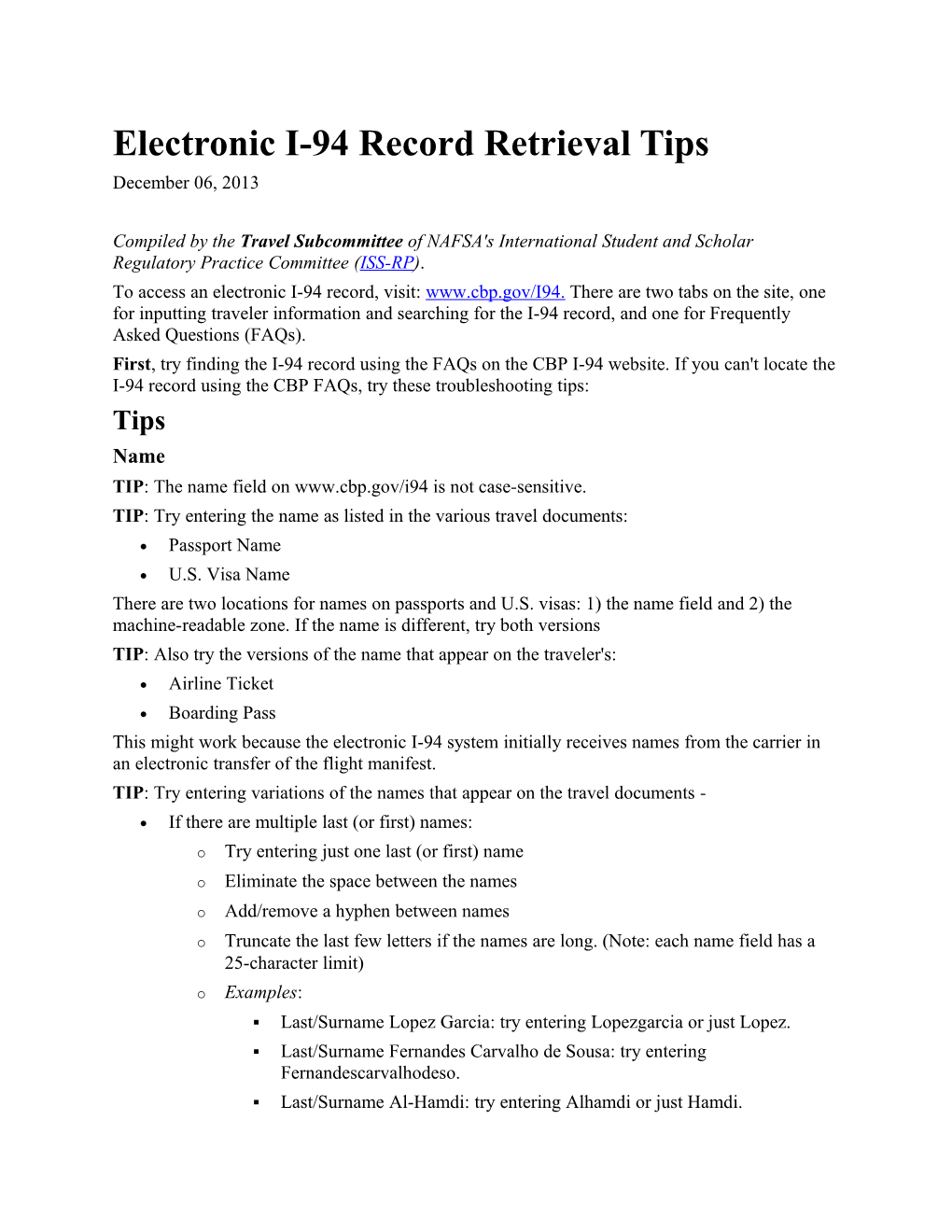 Electronic I-94 Record Retrieval Tips