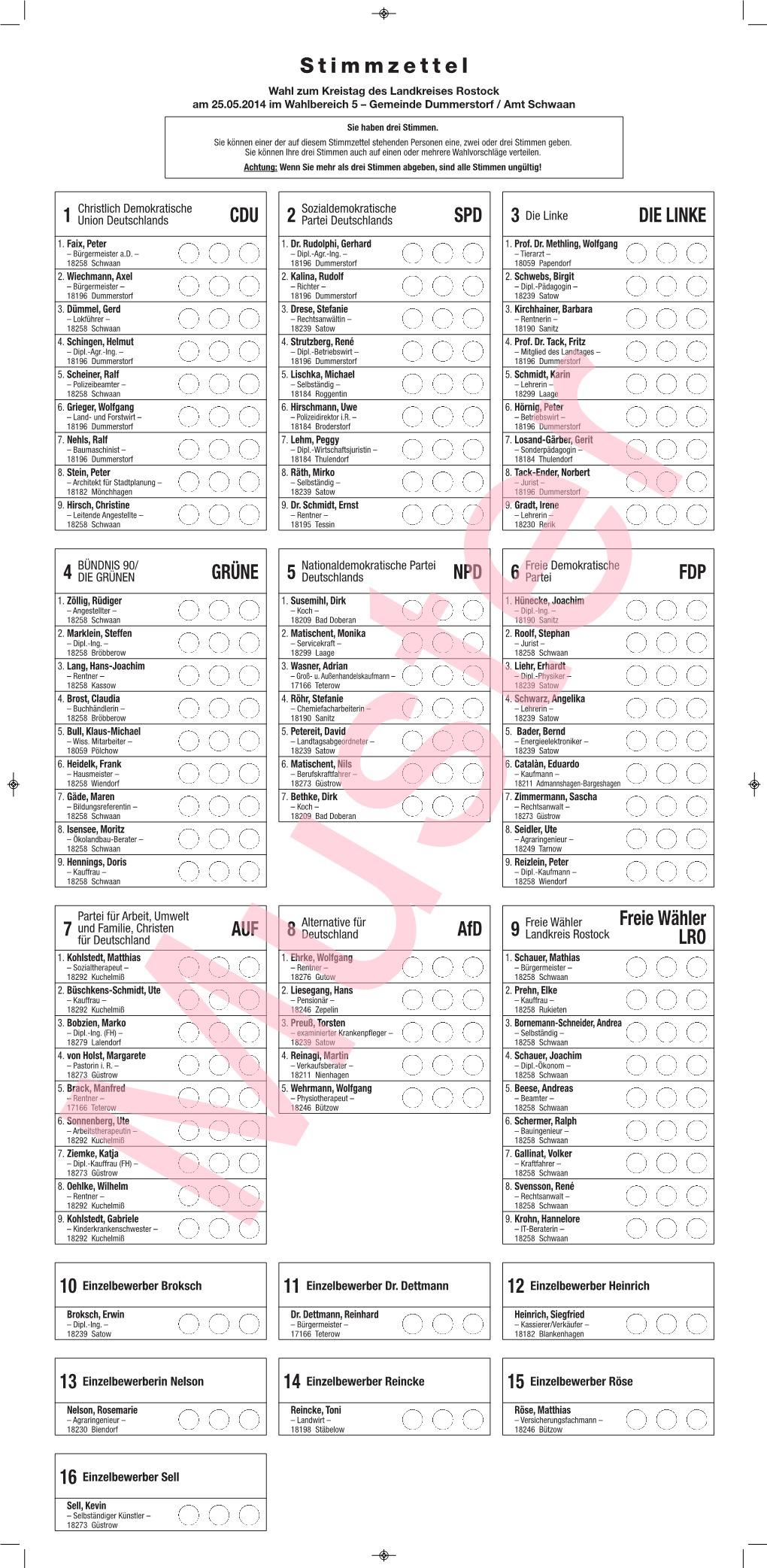 Stimmzettel Wahl Zum Kreistag Des Landkreises Rostock Am 25.05.2014 Im Wahlbereich 5 – Gemeinde Dummerstorf / Amt Schwaan