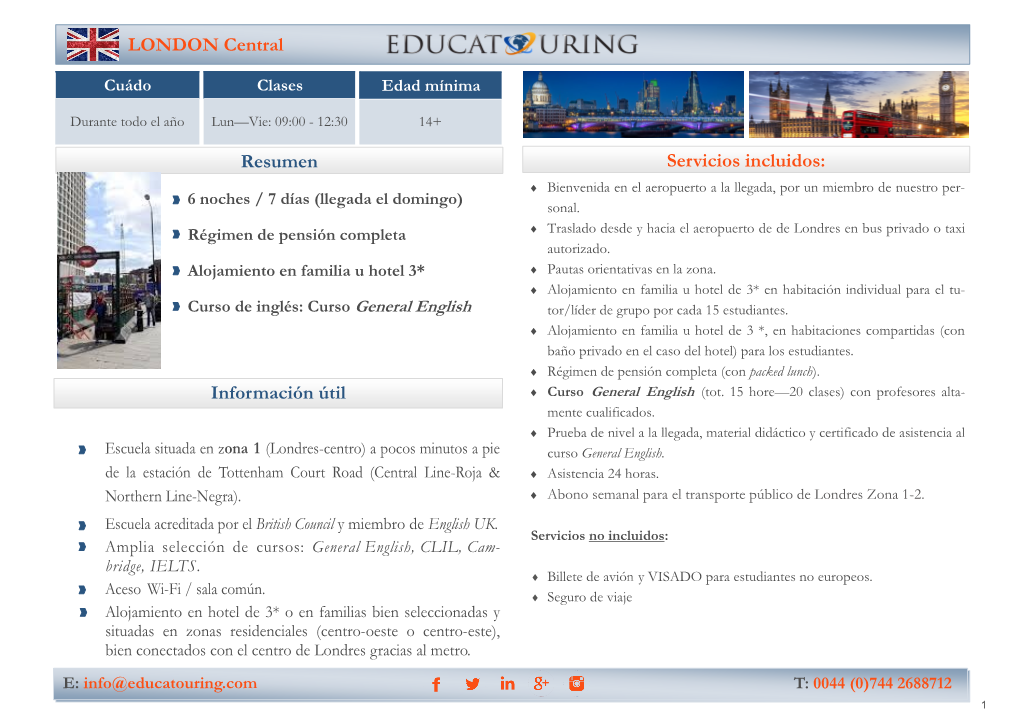 LONDON Central Servicios Incluidos: Resumen Información Útil