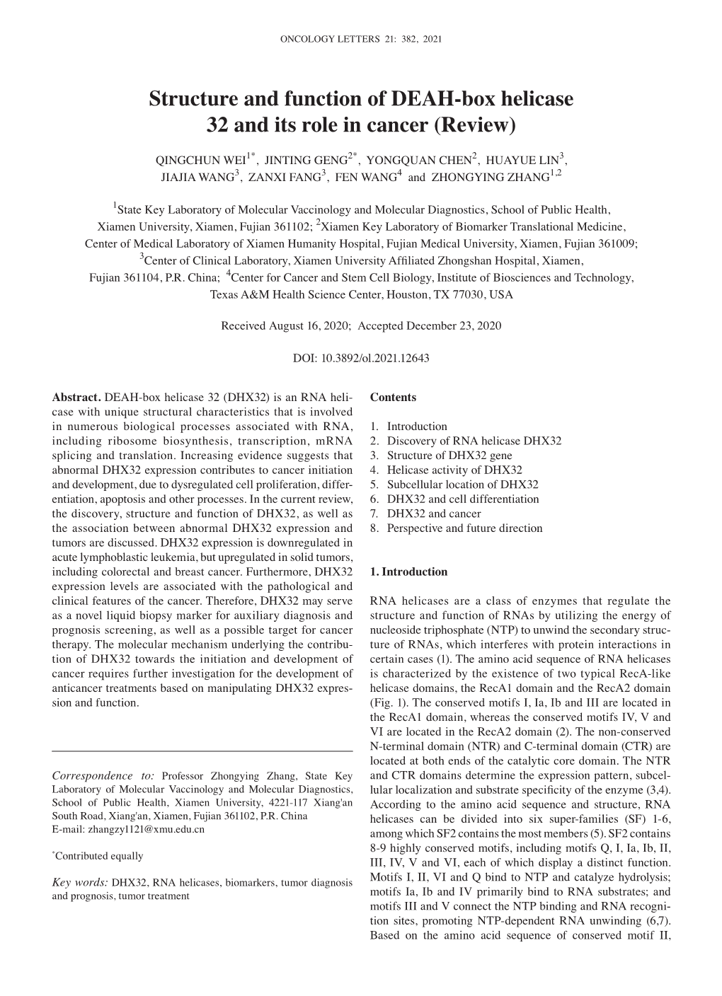 Structure and Function of DEAH-Box Helicase 32 and Its Role in Cancer (Review)