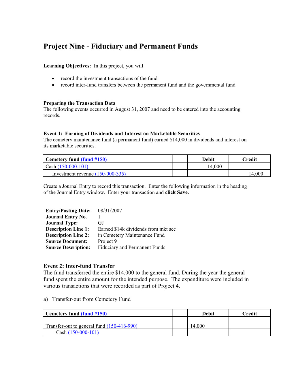 Project Nine - Proprietary Fund Transactions