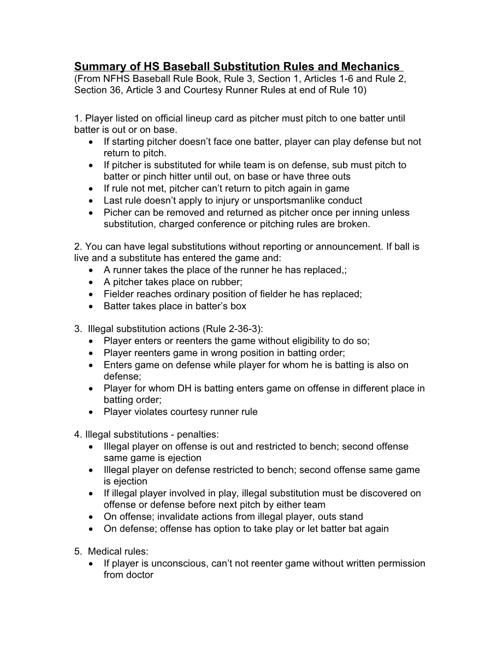 Summary Of HS Substitution Rules For Baseball