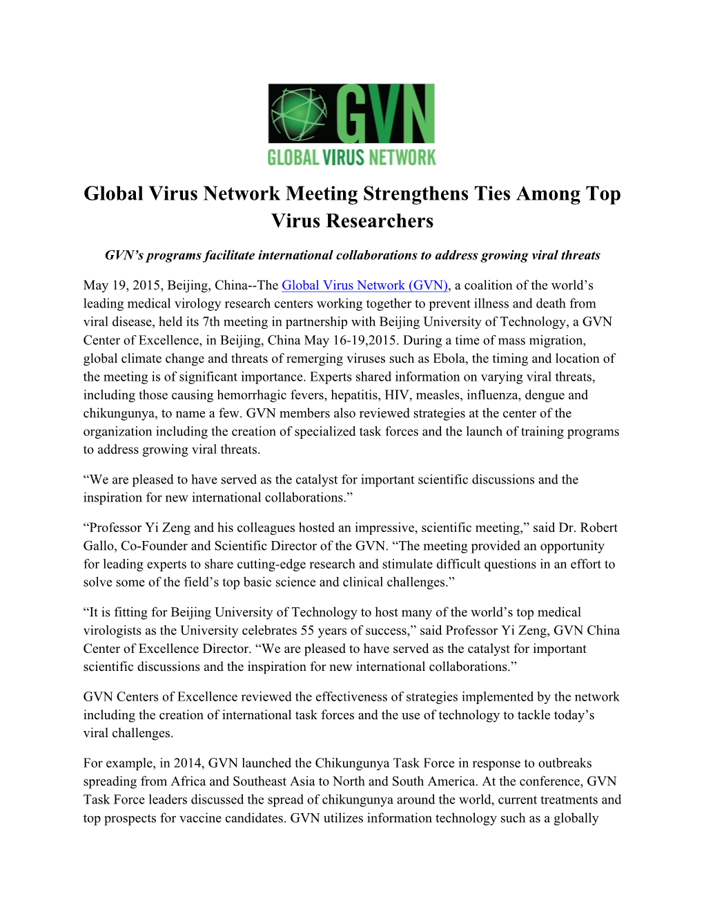 Global Virus Network Meeting Strengthens Ties Among Top Virus Researchers