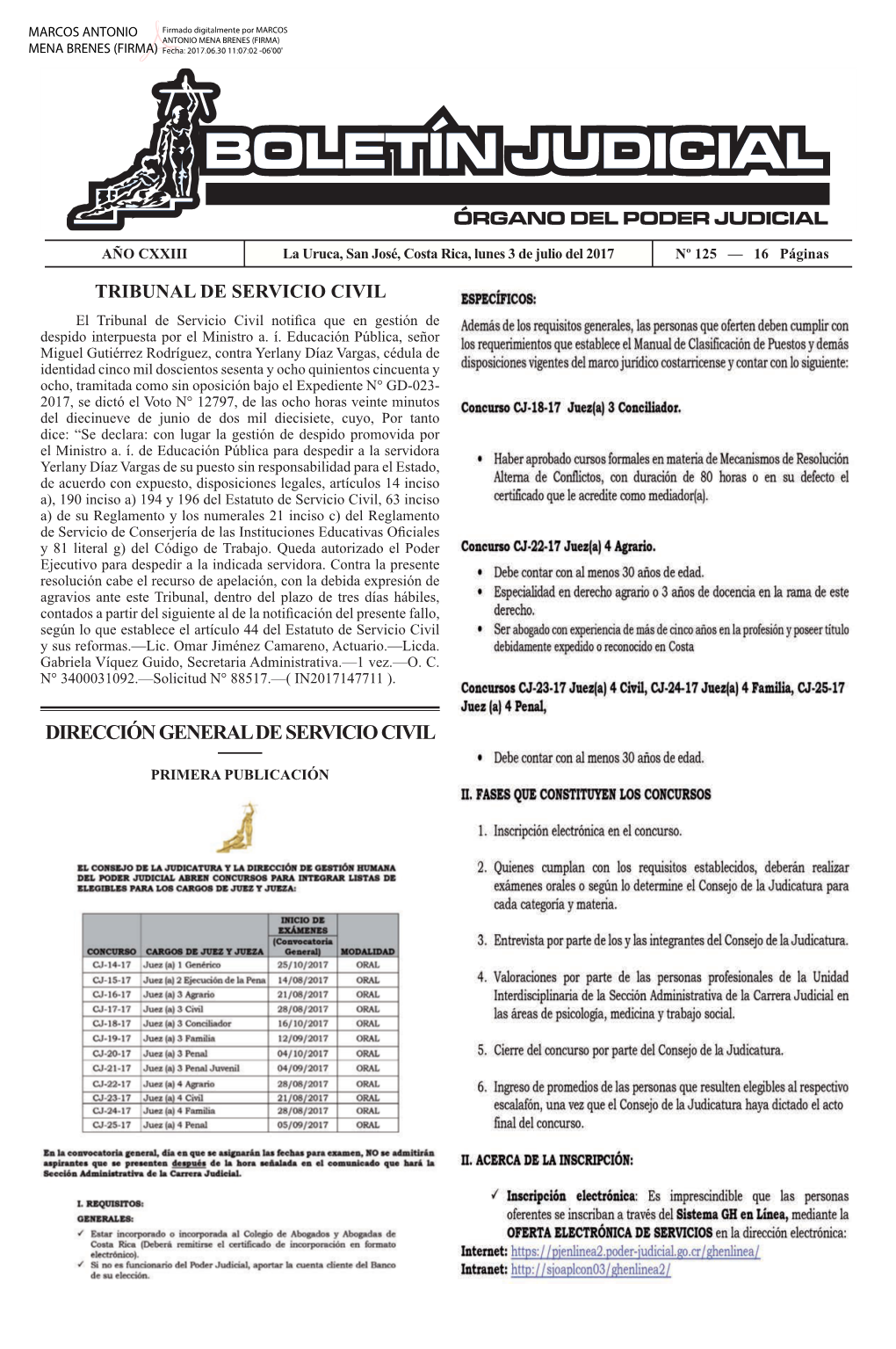 BOLETÍN JUDICIAL N° 125 De La Fecha 03 07 2017