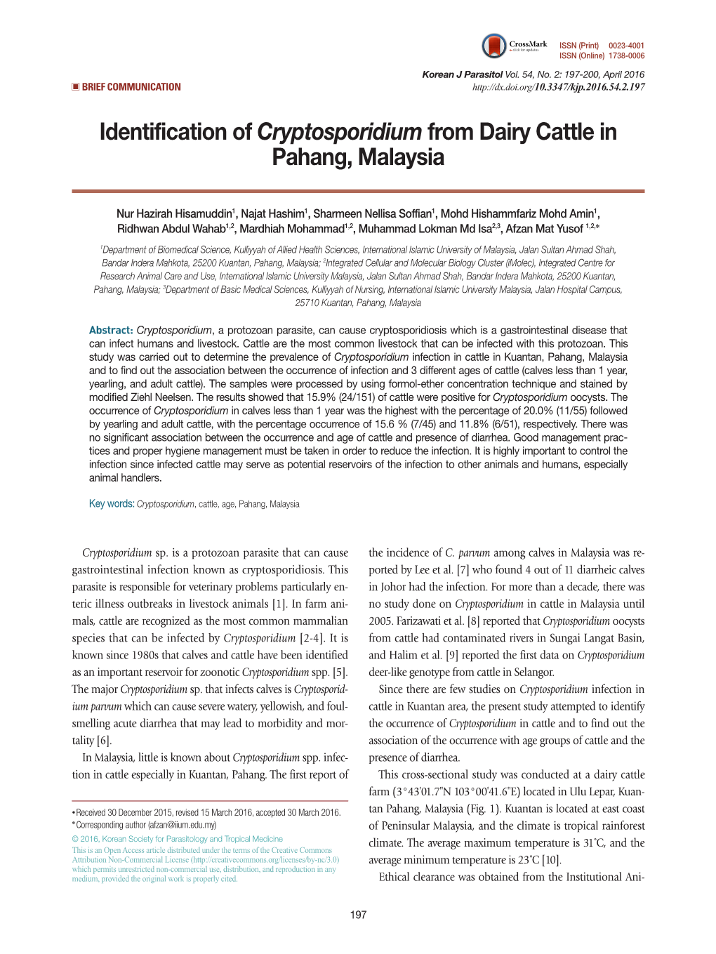 Identification of Cryptosporidium from Dairy Cattle in Pahang, Malaysia