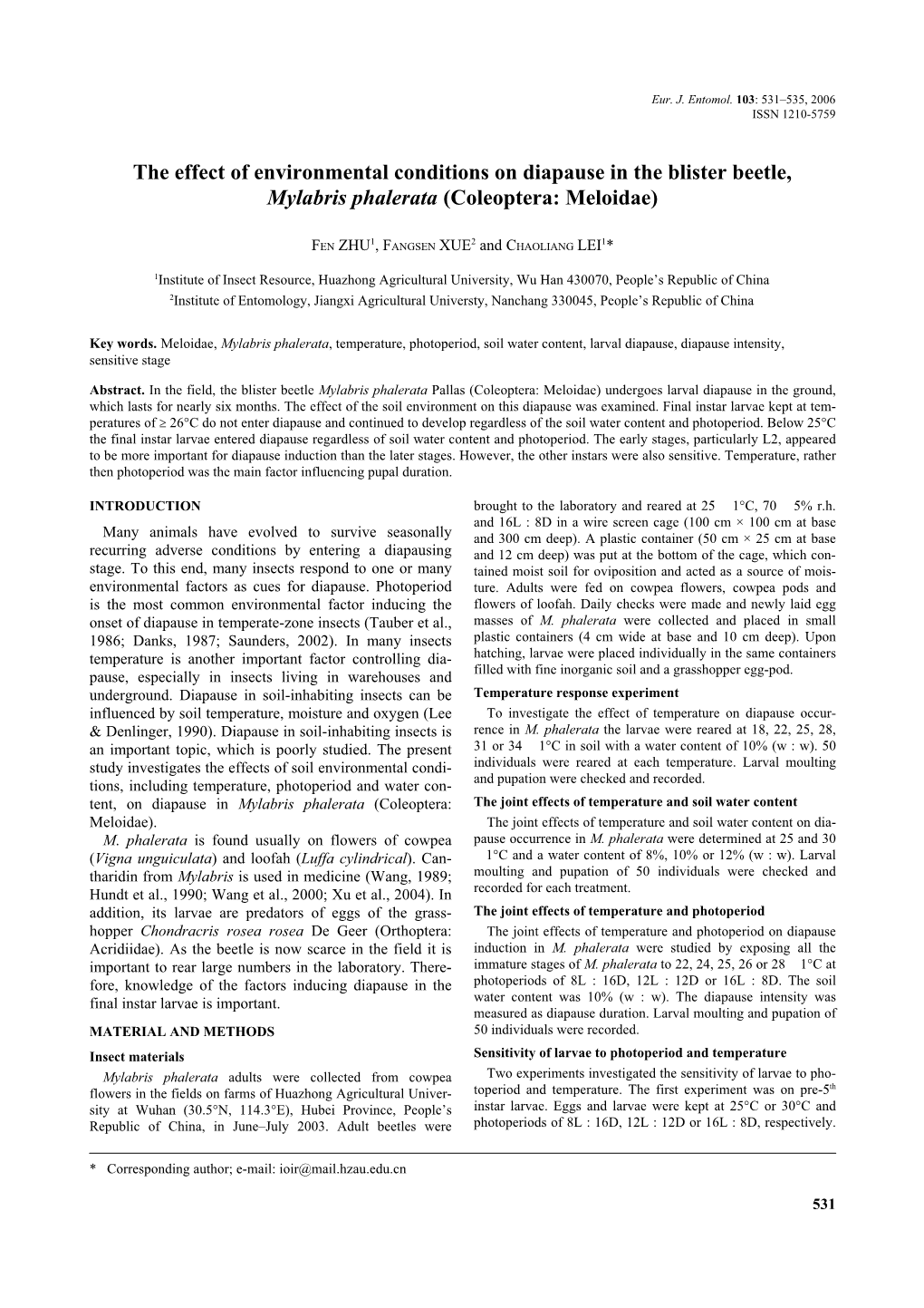 The Effect of Environmental Conditions on Diapause in the Blister Beetle, Mylabris Phalerata (Coleoptera: Meloidae)