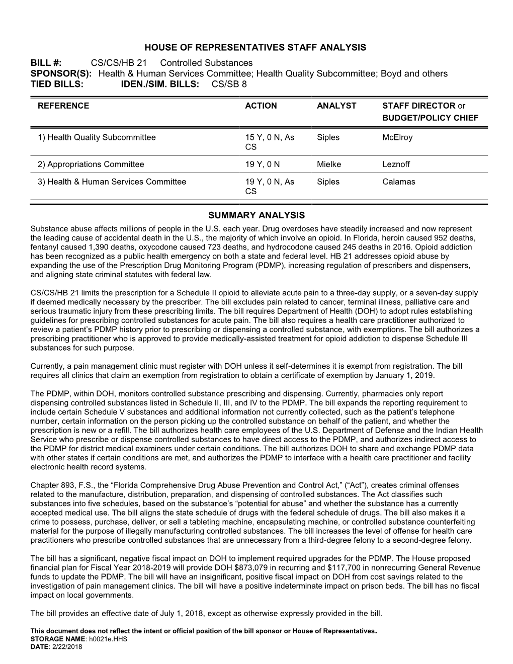 House of Representatives Staff Analysis