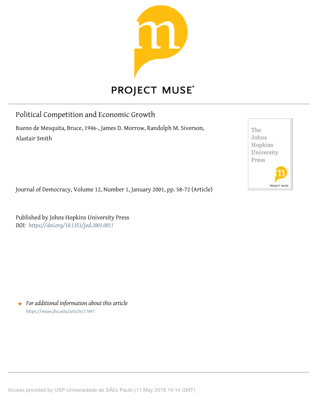 Political Competition and Economic Growth Bueno De Mesquita, Bruce, 1946-, James D