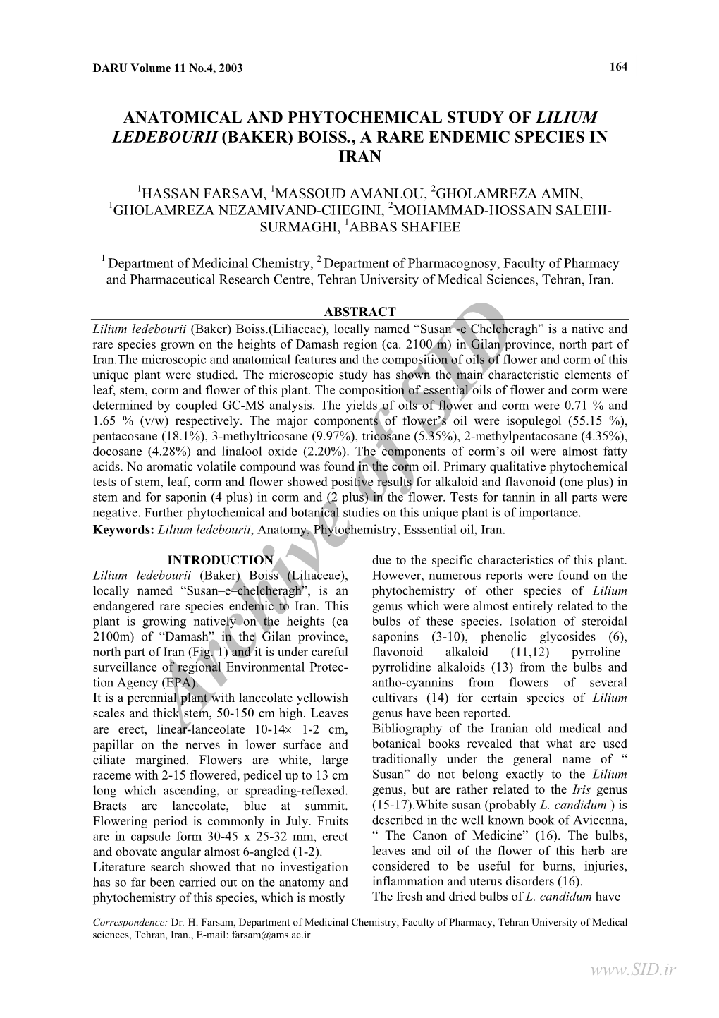 Anatomical and Phytochemical Study of Lilium Ledebourii (Baker) Boiss., a Rare Endemic Species in Iran