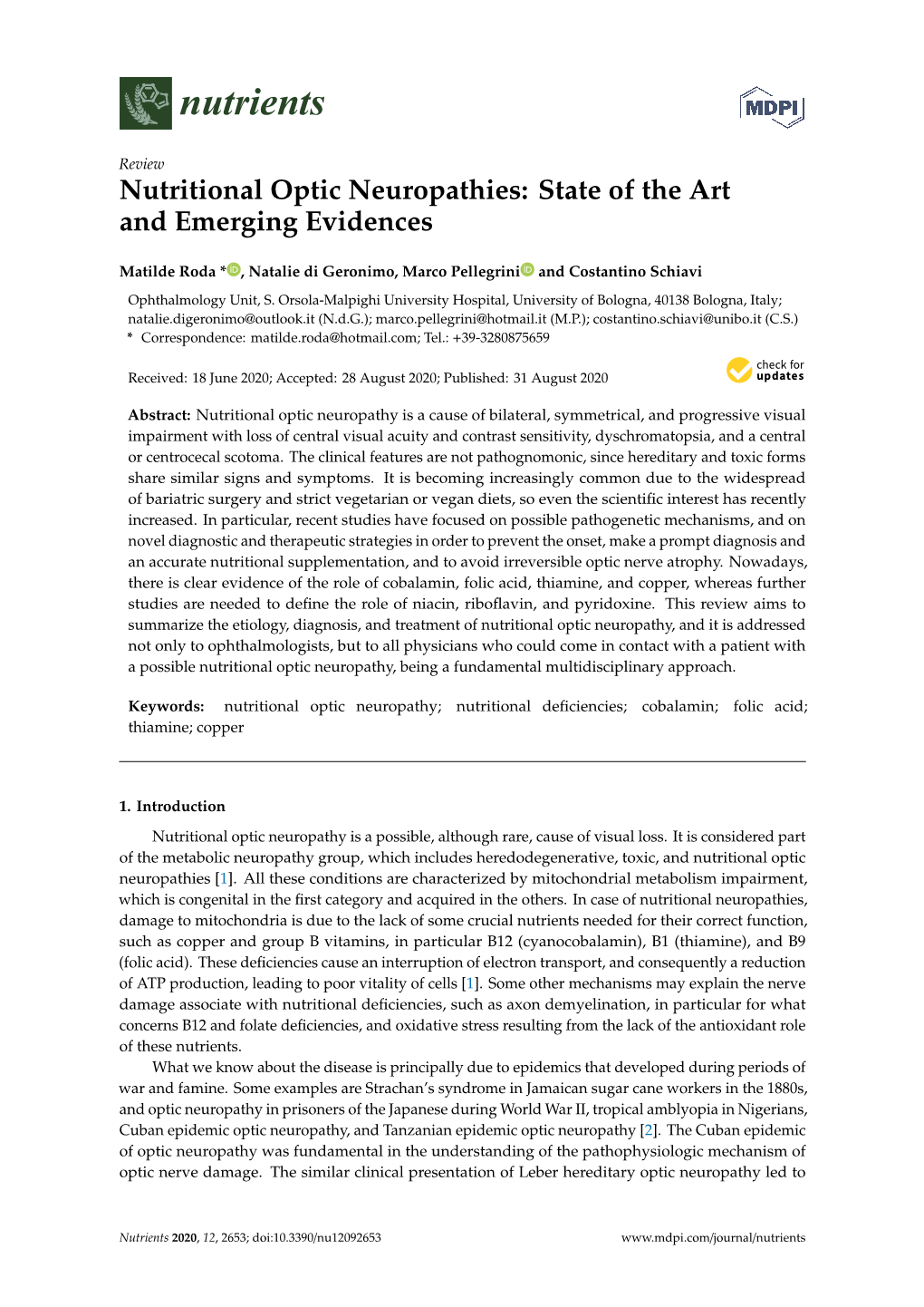 Nutritional Optic Neuropathies: State of the Art and Emerging Evidences