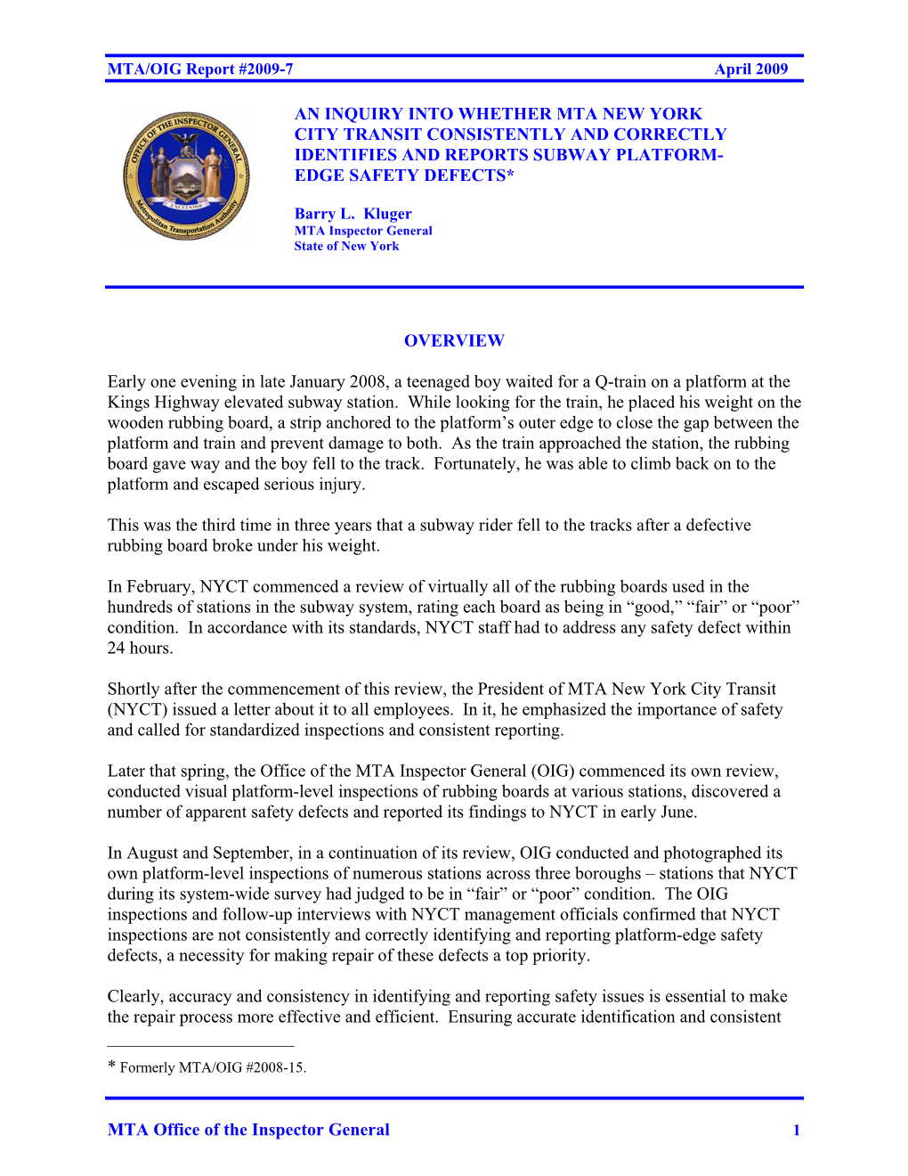 MTA Office of the Inspector General an INQUIRY INTO WHETHER MTA