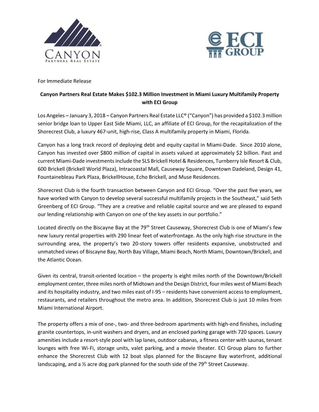 For Immediate Release Canyon Partners Real Estate Makes $102.3