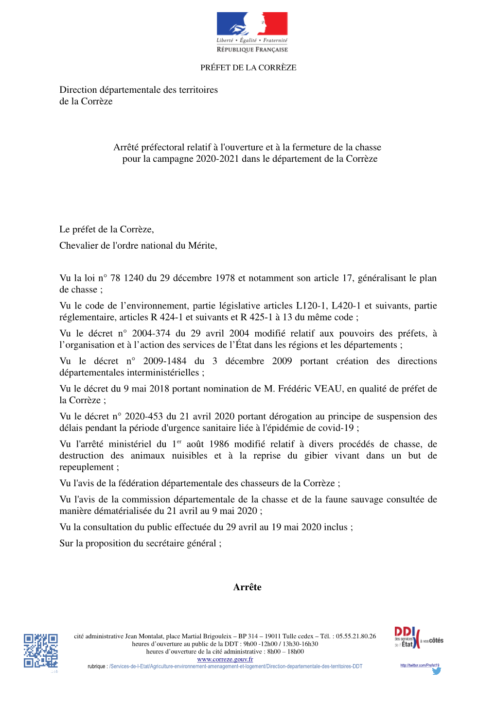 Direction Départementale Des Territoires De La Corrèze Arrêté