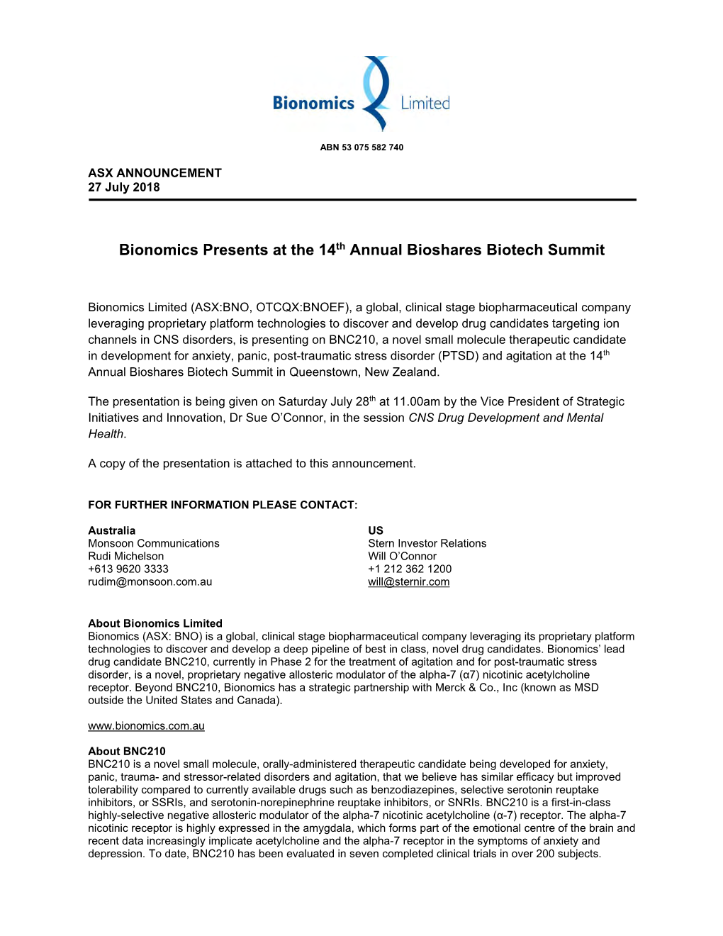 Bionomics Presents at the 14Th Annual Bioshares Biotech Summit