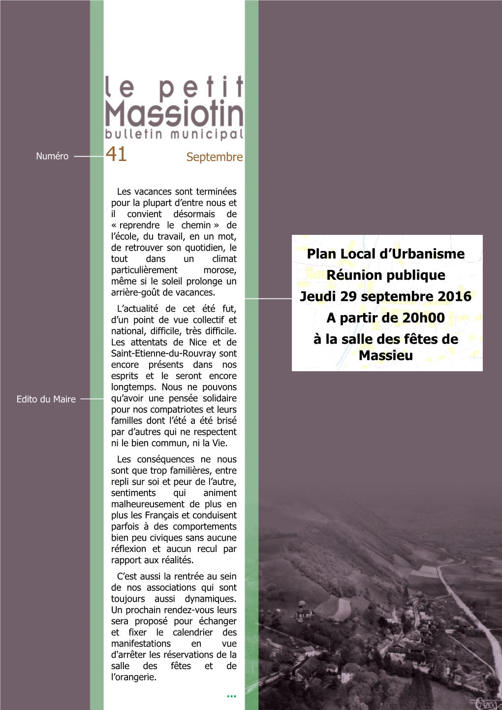 Plan Local D'urbanisme Réunion Publique Jeudi 29 Septembre 2016 a Partir De 20H00 À La Salle Des Fêtes De Massieu