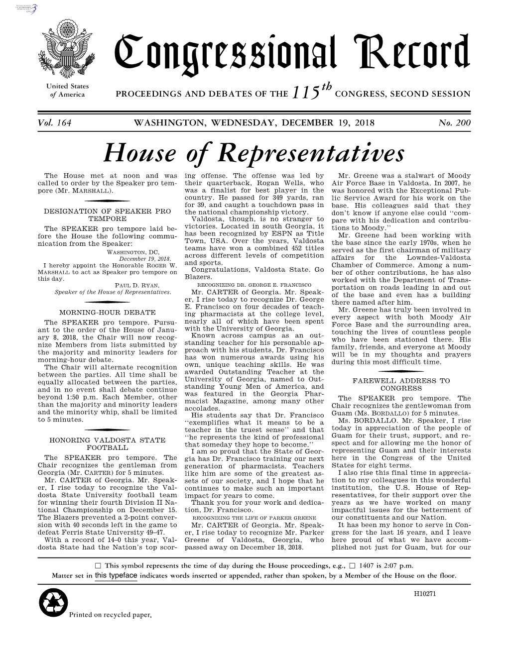 Congressional Record United States Th of America PROCEEDINGS and DEBATES of the 115 CONGRESS, SECOND SESSION