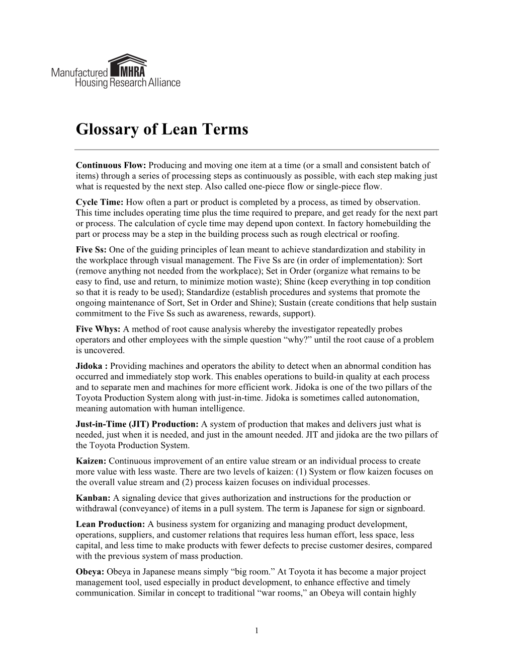 Glossary of Lean Terms