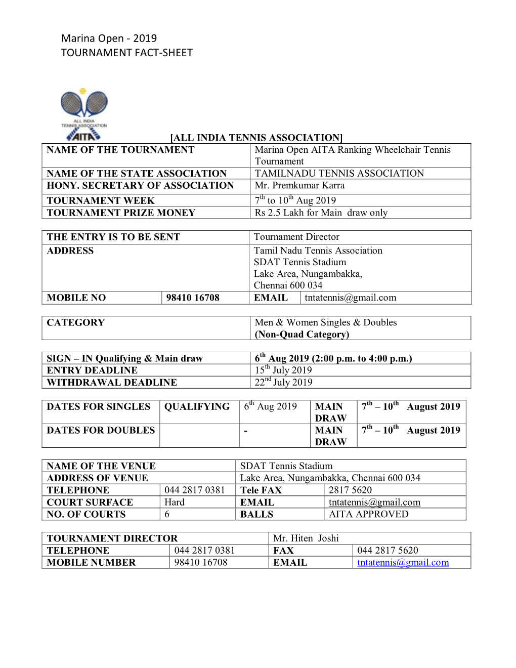 Tournament Fact-Sheet