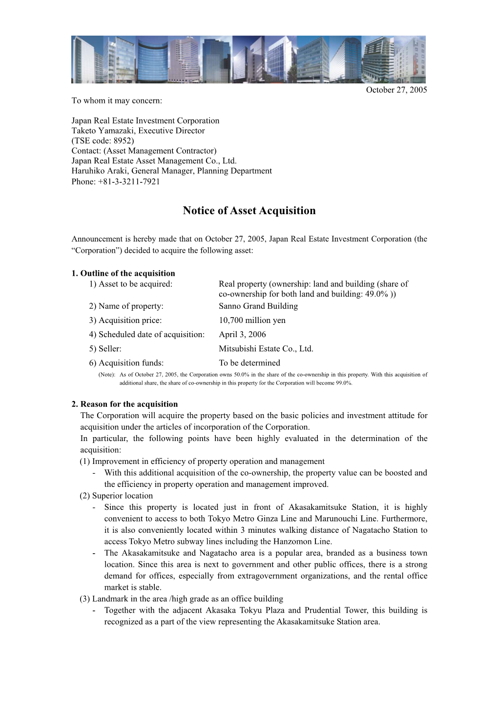 Notice of Asset Acquisition