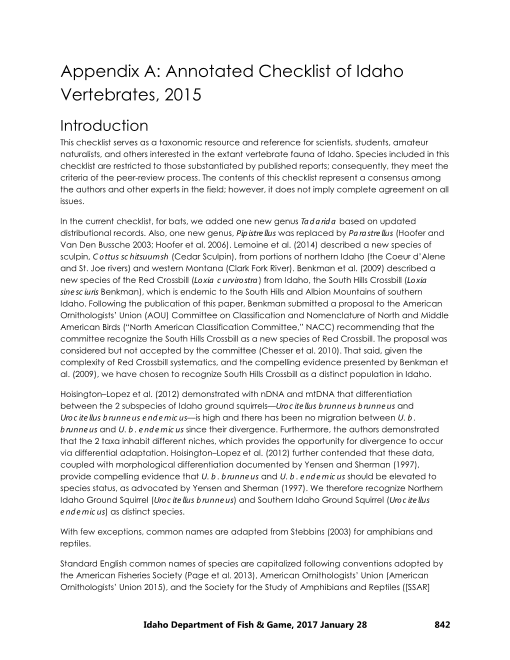 Appendix A: Annotated Checklist of Idaho Vertebrates, 2015