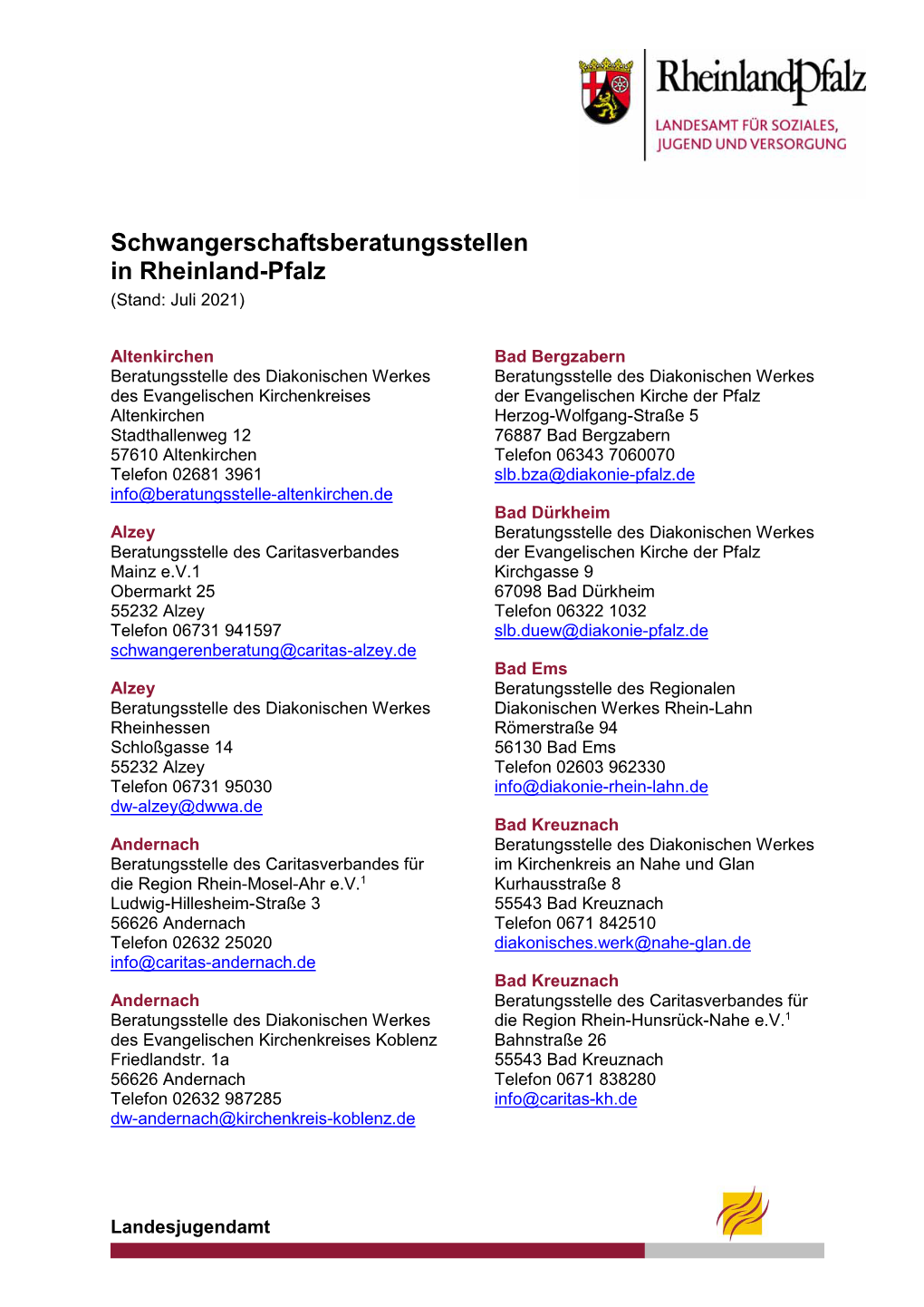 Beratungsstellen in Rheinland-Pfalz (Stand: Juli 2021)