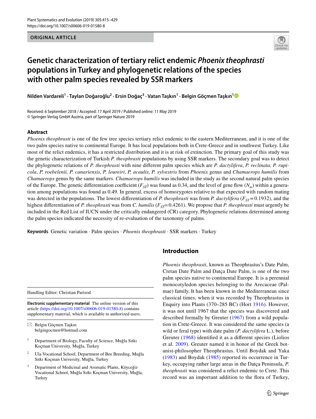 Genetic Characterization of Tertiary Relict Endemic Phoenix Theophrasti Populations in Turkey and Phylogenetic Relations Of