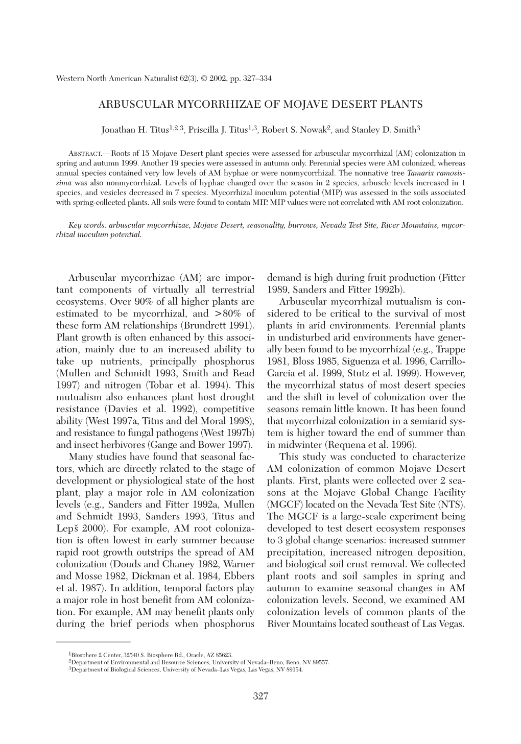 Arbuscular Mycorrhizae of Mojave Desert Plants