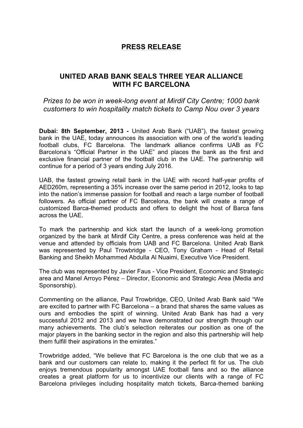 Press Release United Arab Bank Seals Three Year