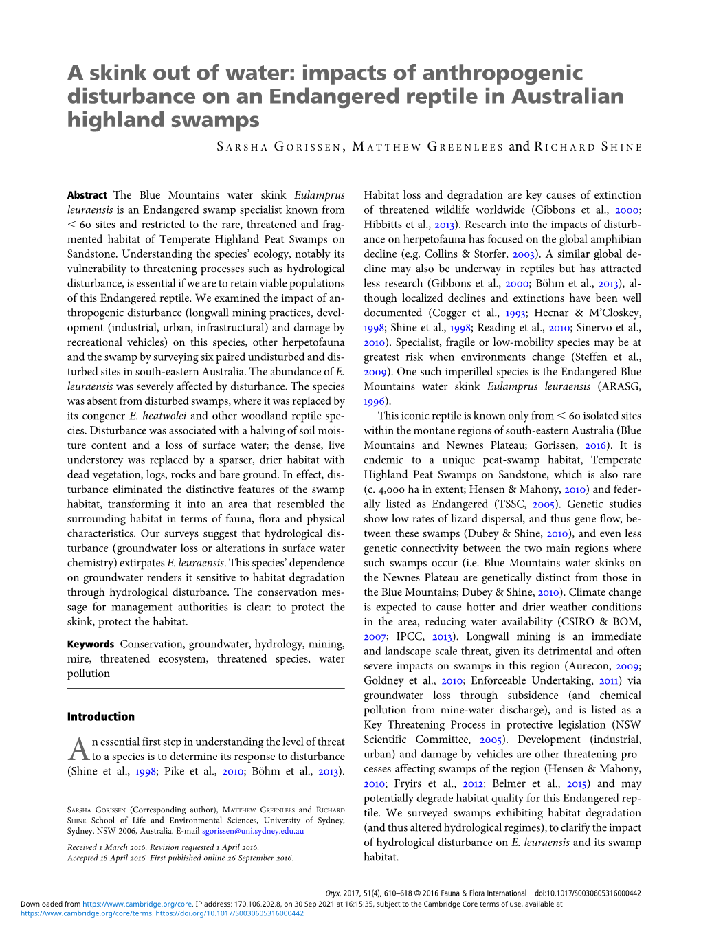 A Skink out of Water: Impacts of Anthropogenic Disturbance on an Endangered Reptile in Australian Highland Swamps