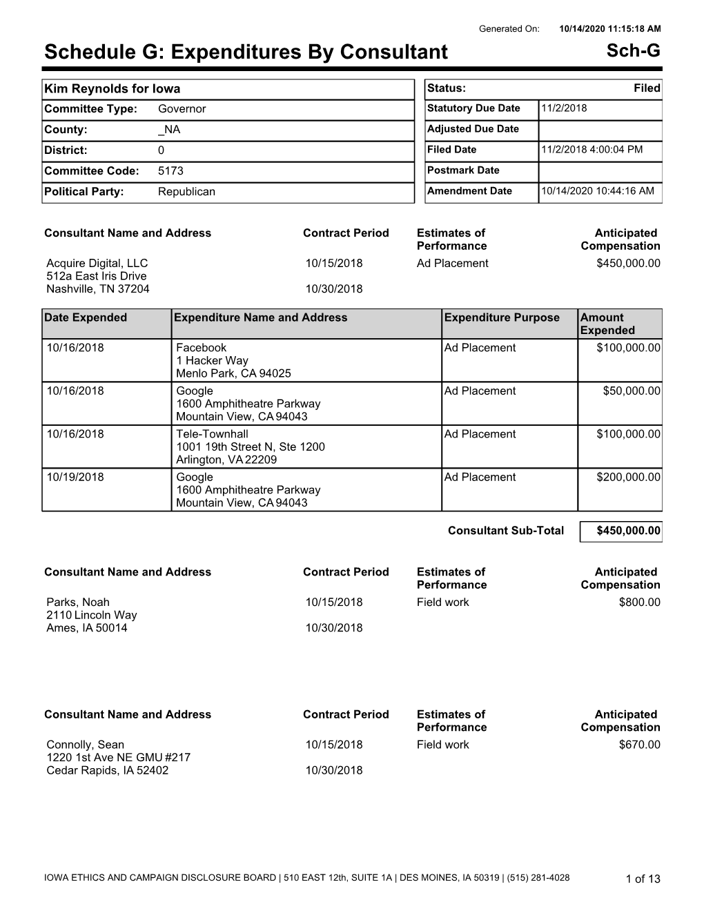 Schedule G: Expenditures by Consultant Sch-G