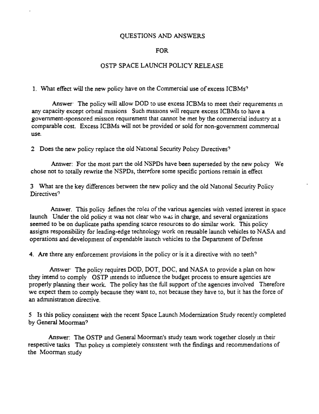 Questions and Answers for OSTP Space Launch Policy Release