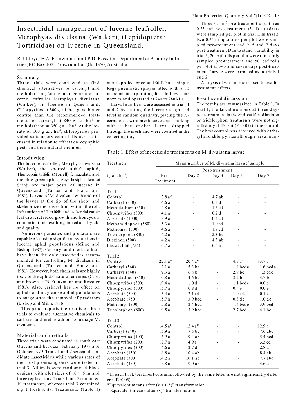 Insecticidal Management of Lucerne Leafroller, Merophyas Divulsana