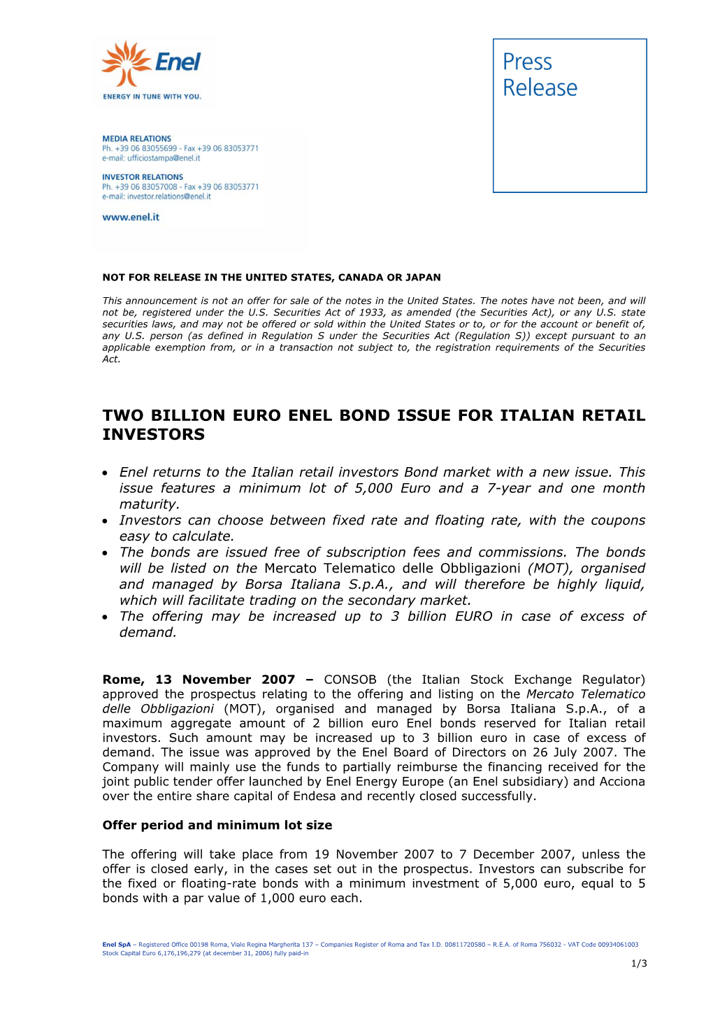 Two Billion Euro Enel Bond Issue for Italian Retail Investors