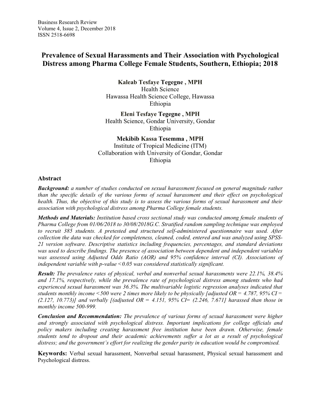 Prevalence of Sexual Harassments and Their Association with Psychological Distress Among Pharma College Female Students, Southern, Ethiopia; 2018