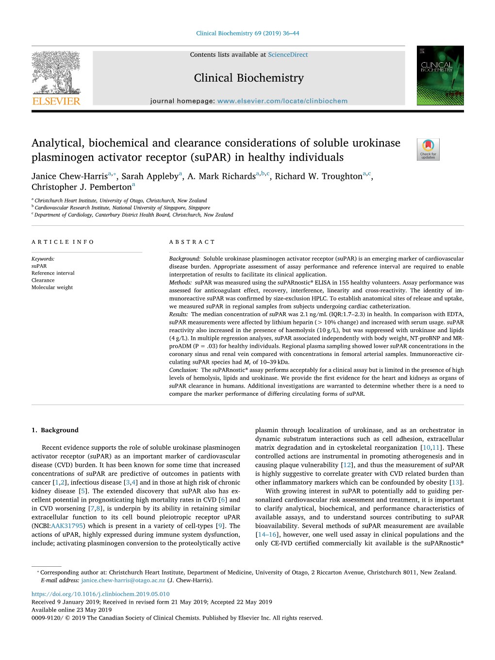 Analytical, Biochemical and Clearance Considerations of Soluble Urokinase Plasminogen Activator Receptor (Supar) in Healthy Indi