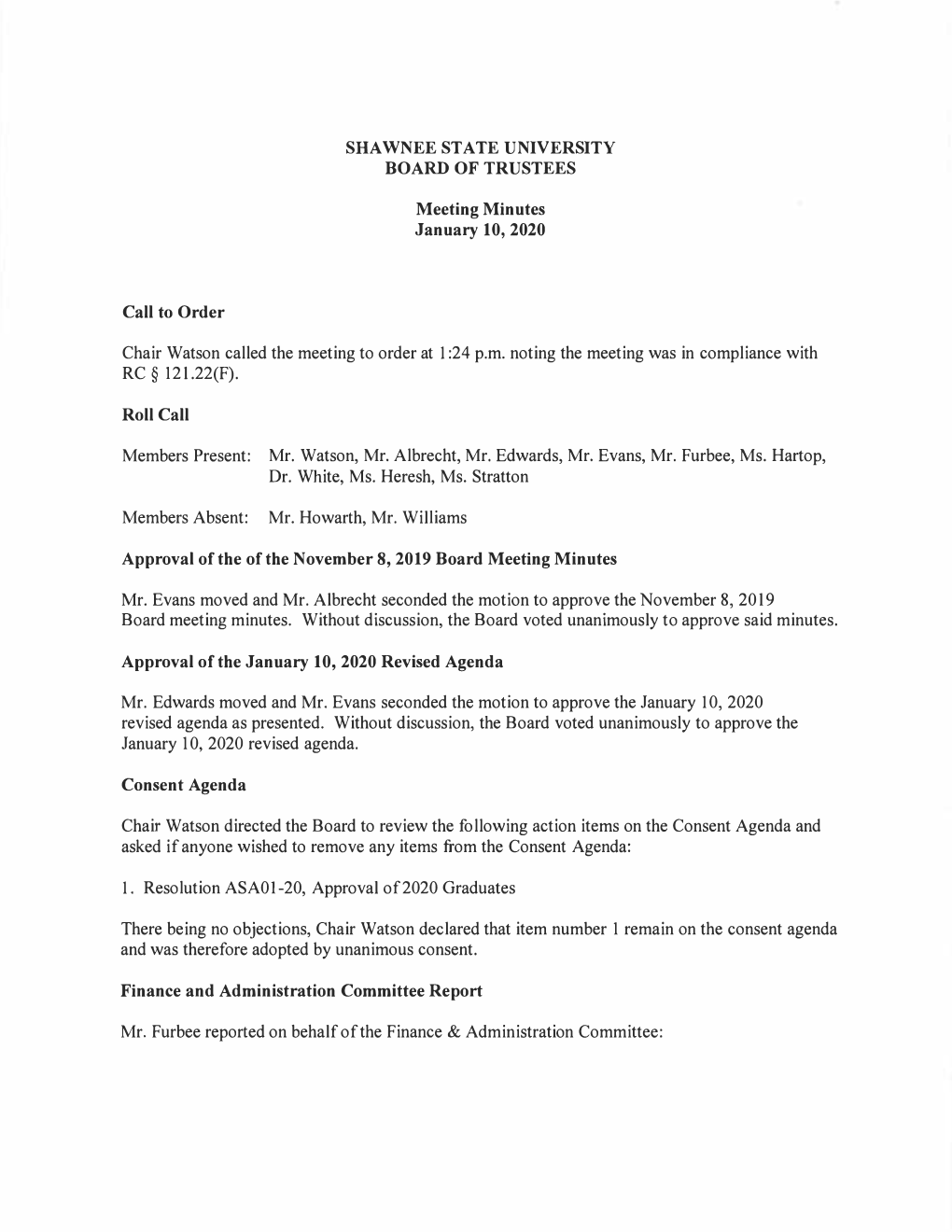 Board of Trustees Meeting Minutes January 2020