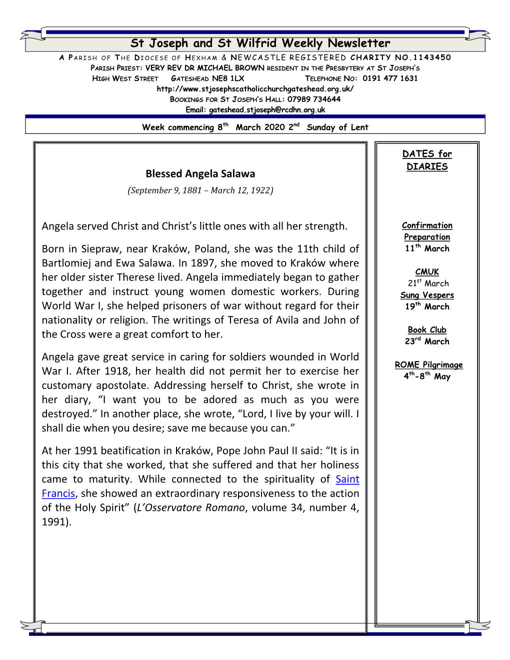St Joseph and St Wilfrid Weekly Newsletter Blessed Angela Salawa